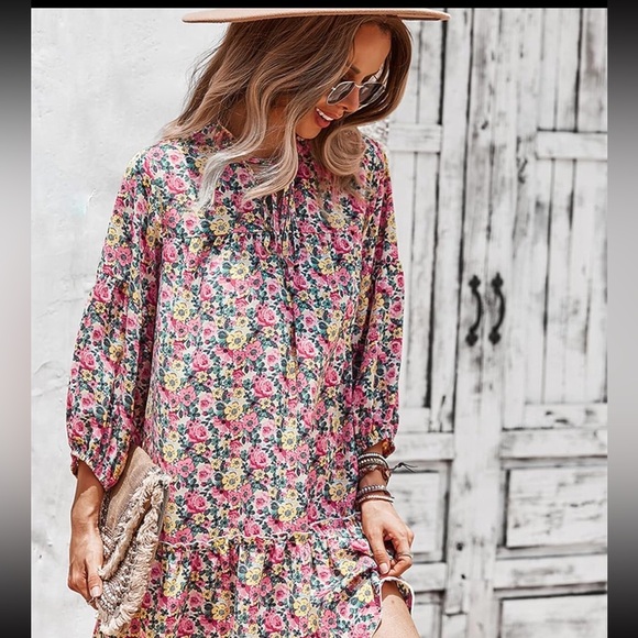 Kirundo Floral Print Babydoll Tent Tiered Mini Dress Pinm White Green Large - Picture 3 of 12